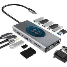 هاب دوكينج استيشن USB-C 15-in-1 وشاحن لاسلكيType-C Hub BX15W - HDMI 4K VGA SD TF Audio RJ45 USB PD-100w ‎ | ضمان سنة